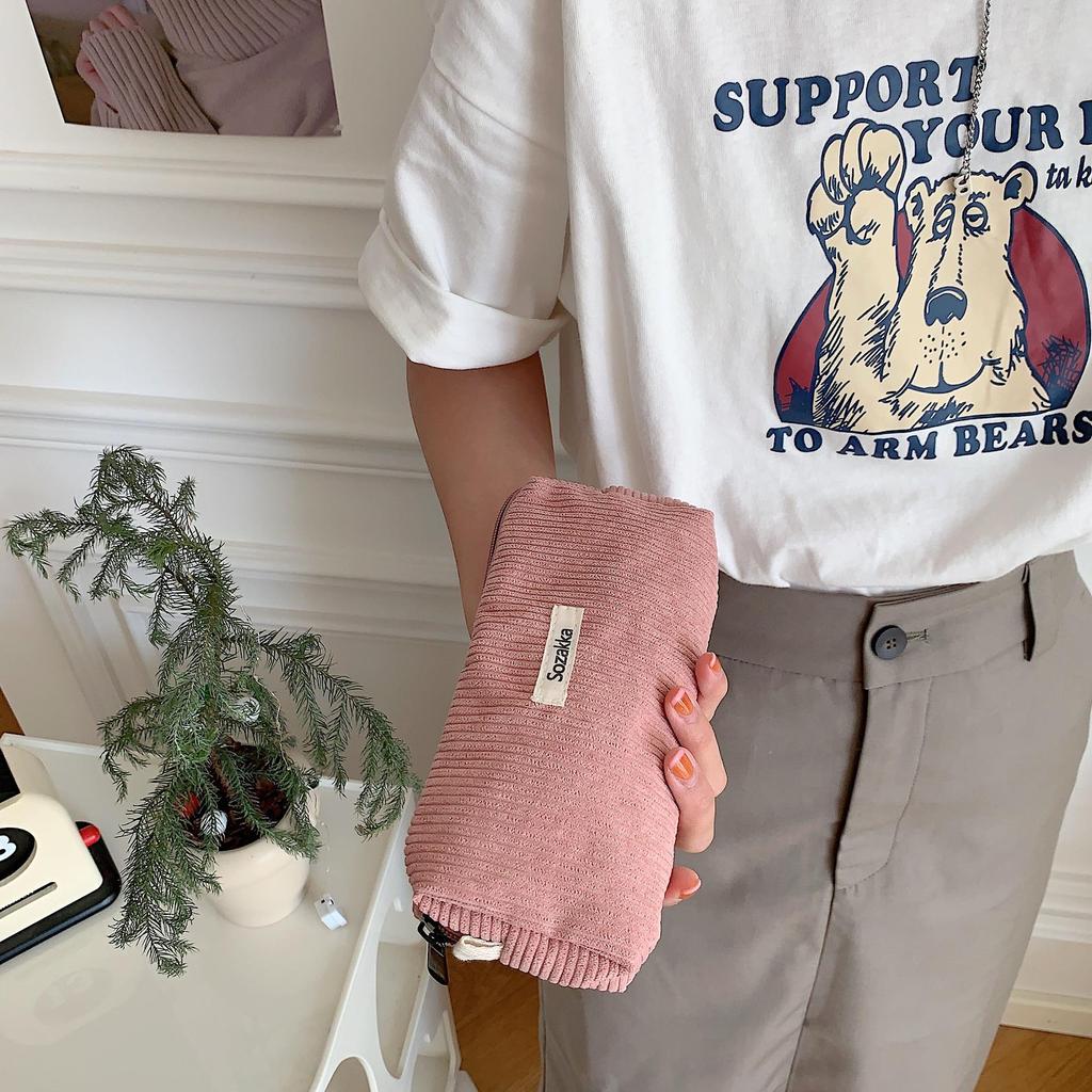 In Stock: Retro Corduroy Pencil Case - Solid Color, Simple Design for High School Students