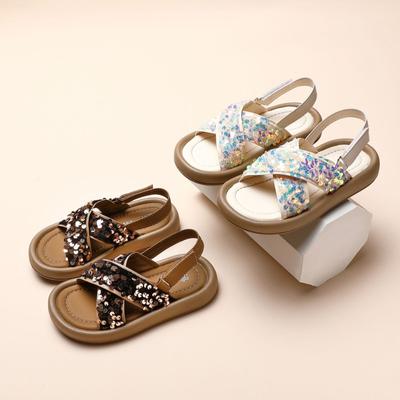 New Children's Summer Sandals 2024 Fashion Sequins Girls Sandals Open-toe Versatile Kids School Beach Flat Sandals Soft Bottom