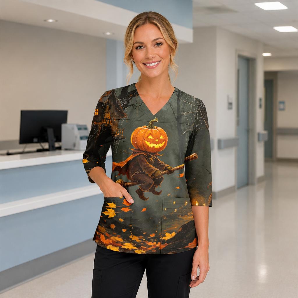 Women's V-Neck Costume with Pockets Halloween Print Side Slit 3/4 Sleeve Top for Cosplay Party