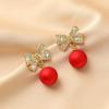 S925 Silver Needle Red Pearl Diamond Earrings - Light Luxury European and American Christmas Style