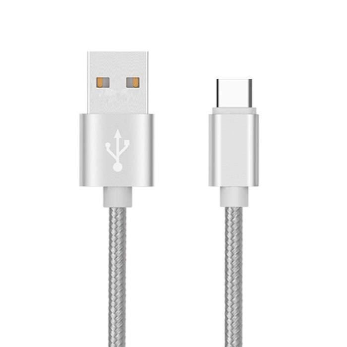 Cable metal tresse type c pour oppo reno chargeur usb 1m reversible connecteur syncronisation nylon (argent)