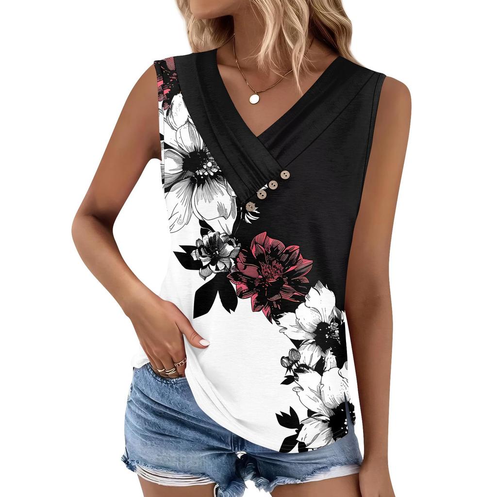 Maiou de damă cu imprimeu, cu nasturi, cu gât în V, fără mâneci, larg, top la modă