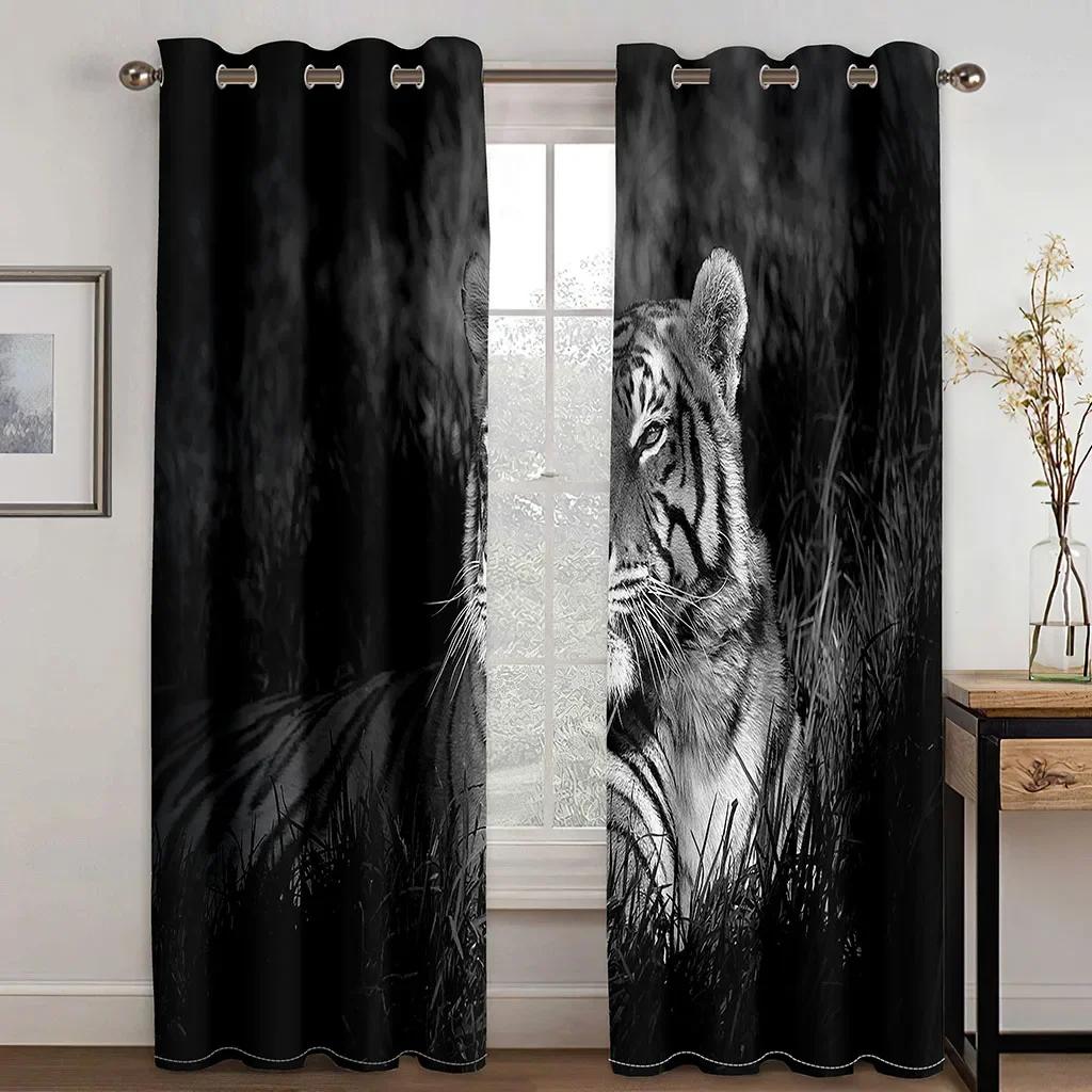 3D Digital Printed Cheap Personalized Animal Lion Tiger Kids Two Slim Windowpane Drapes Drapes for Livingroom Space Bedchamber Decoration 2 Panels
