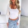 Top Y2K Feminino Slim e Justo Cor Sólida Decote U Manga Longa