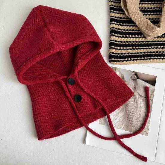 Knitting Hat Solid Color Buttons Closure Drawstring Hooded Scarf Women Winter Warm Windproof Elastic Thermal Hat