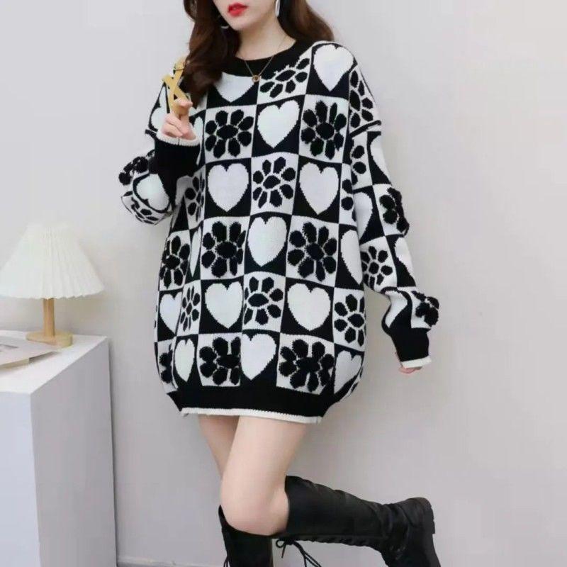 Women's Plus-size Sweater Round-neck Pullover Printed Sweater Loose Knit Top