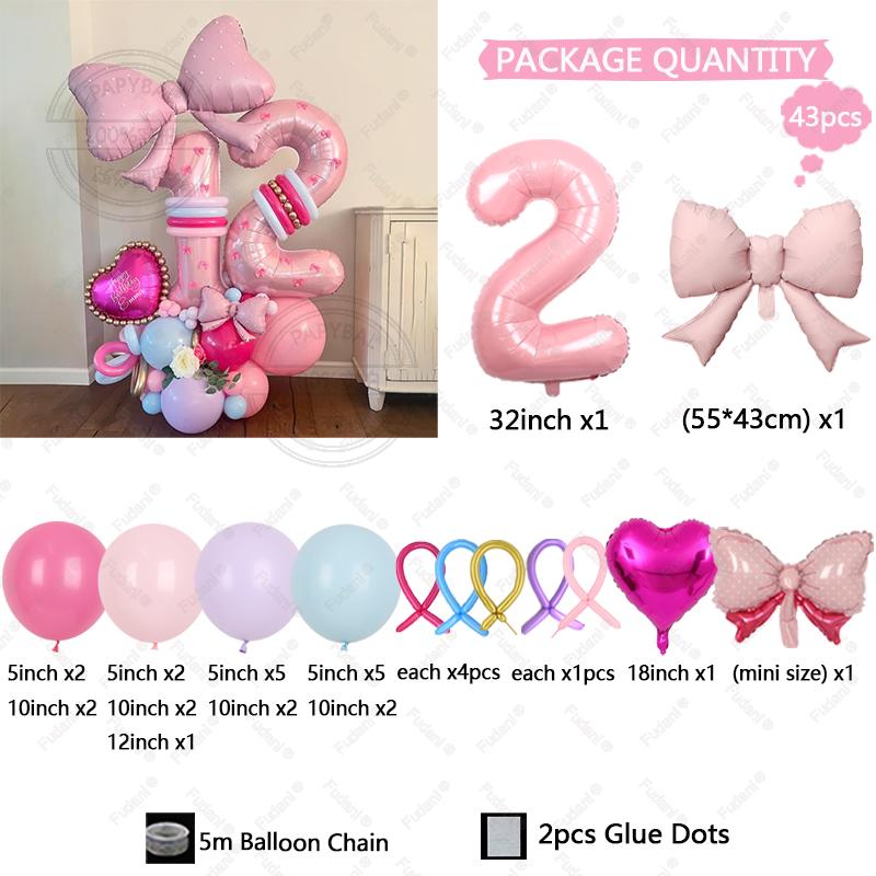 43PCS Pink Bow Theme Bouquet Balloon Set with 32inch Pink Number Girl First Birthday Party Decoration Baby Shower Helium Globos
