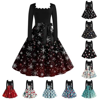 Women's Casual Fashion Long Sleeve Christmas Graphic Printed Vintage Long Dresses