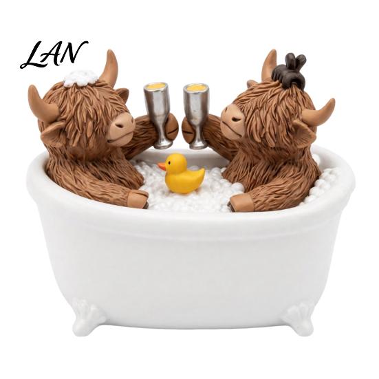 Rustic Bathroom Countertop Accessory Highland Cow Figurine, Cows Toasting In Bathtub Resin Statue, Farmhouse Accessories Cute Farm Animal Tabletop