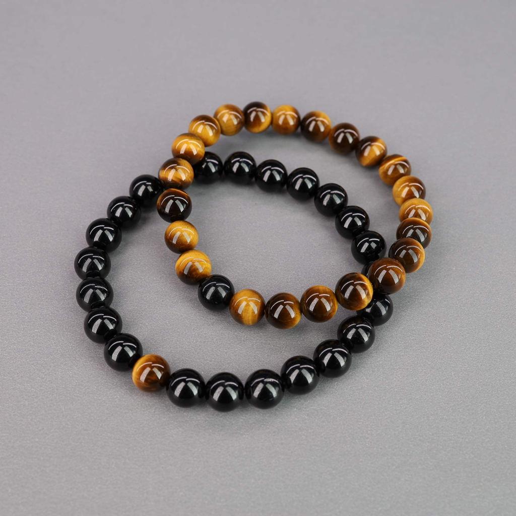 COAI Tiger Eye and Black Tourmaline Power Stone Bracelets for Increased Fortune and and Set of 2 Protection, Men's, Women's, Couples' Sizes,