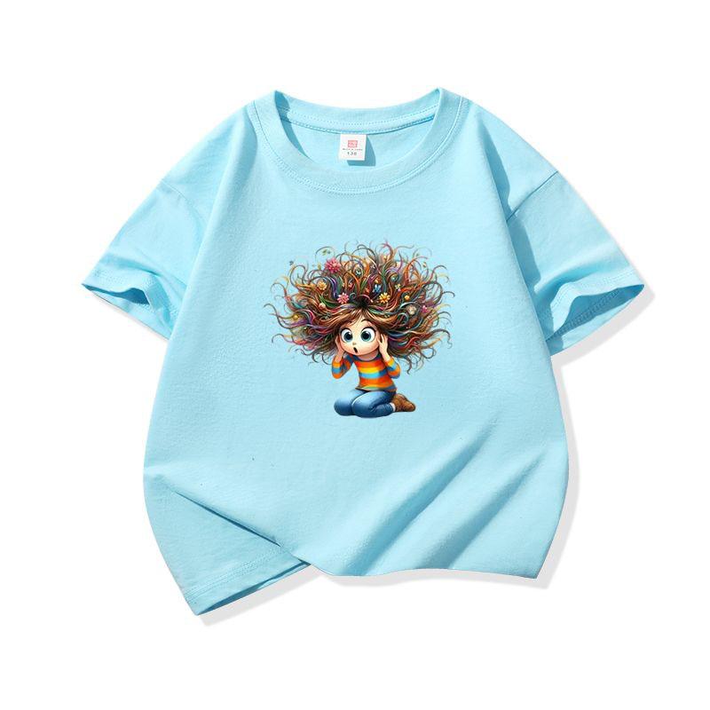 Kids Cotton T Shirt Surprised Girl With Colorful Hair Print Crew Neck Short Sleeve Tee Casual Boys Girls Summer Tops