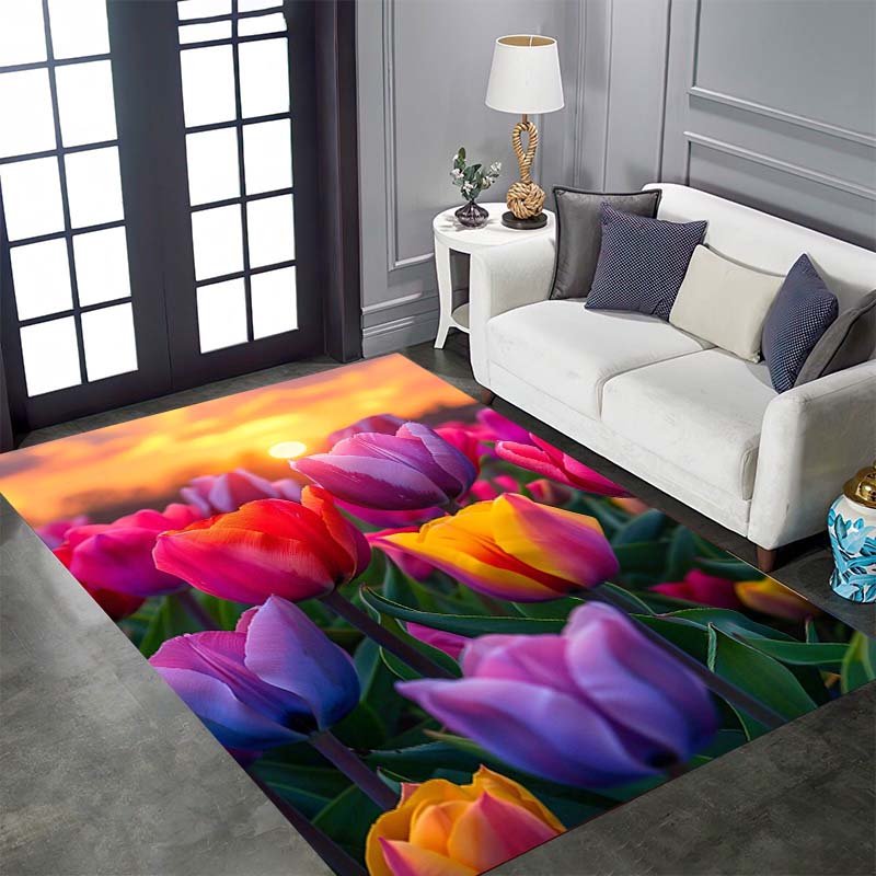 Vintage Floral Tulip Patterned Floor Mat, Non-slip, Machine Washable, Suitable for Living Rooms, Bedrooms, and Home Décor.