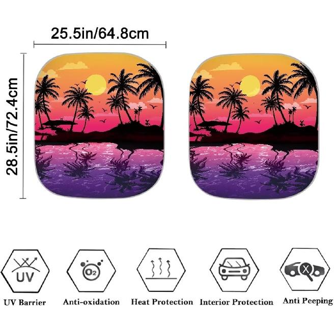 Coldinair Sunset Front Windshield Shade 2Pcs Sunshade for Car Windshield Folding Car Accessories for Truck SUV Sun Visor Protector, Tropical Palm