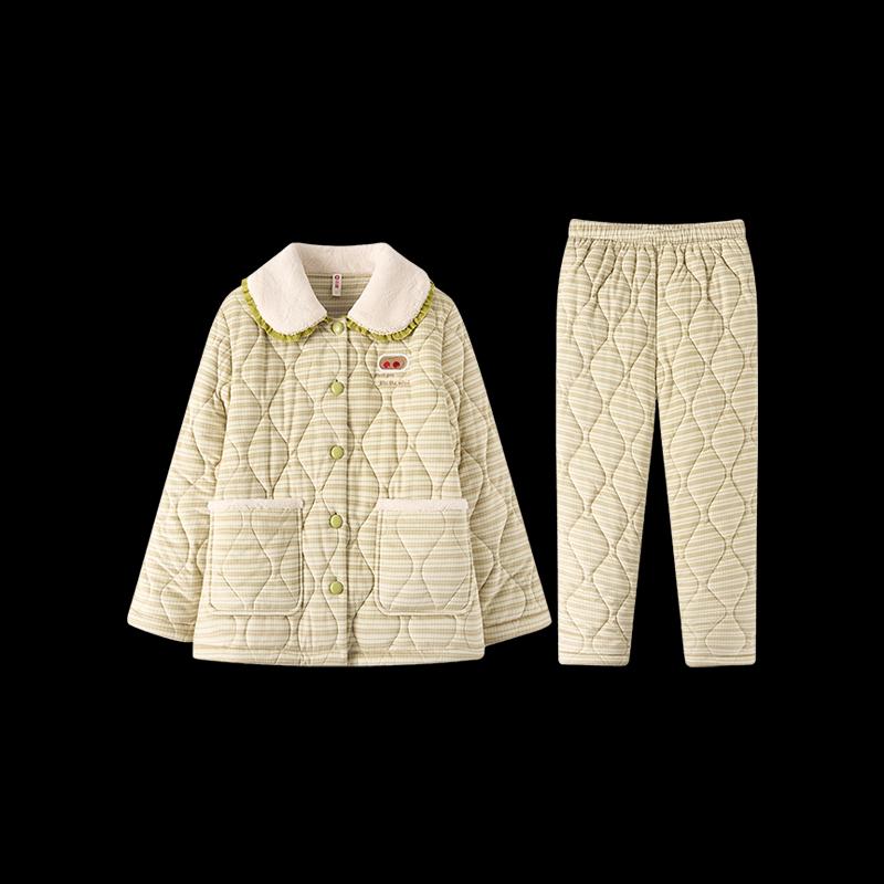 Fenteng Damen Verdicktes Dreilagiges Gestepptes Pyjama-Set
