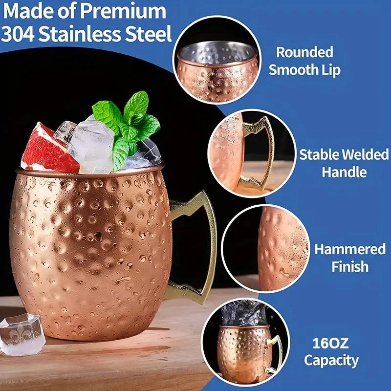 Cocktail Wine Cup Moscow Mule Mug 550ML Stainless Steel Hammered Copper Plated Beer Cup Coffee Bar Tools Drinkware for Ramadan