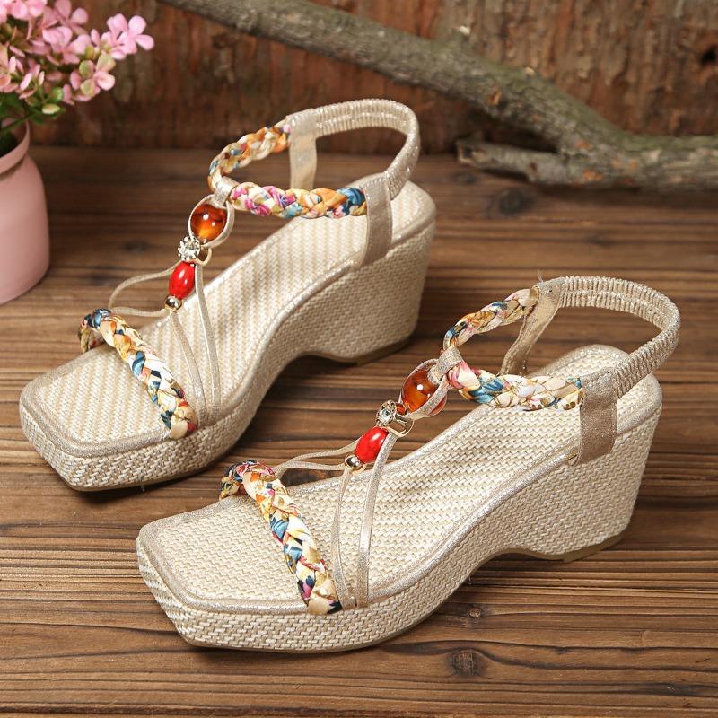 New Plus-size Women's Shoes with Wedge Heels Elastic High Heels and Sandals