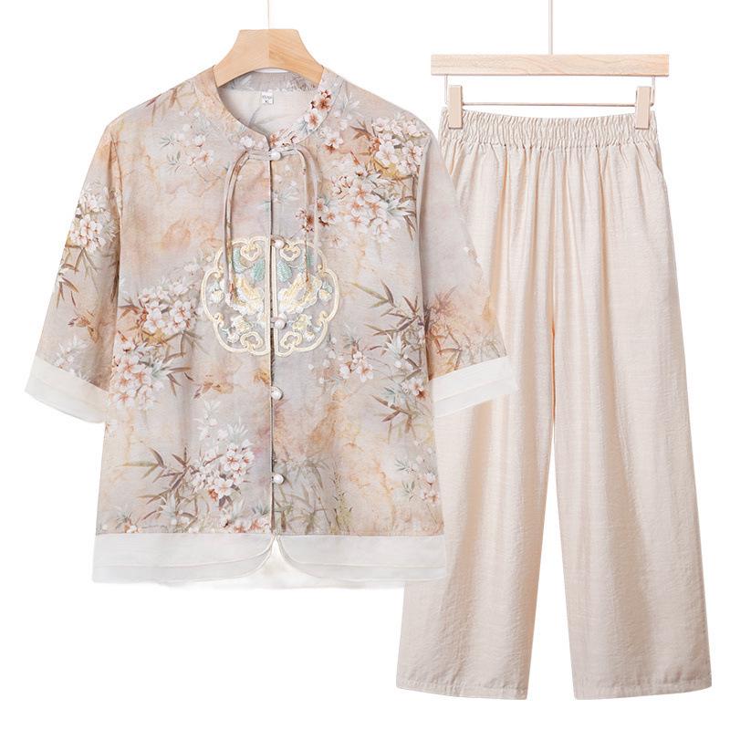 2024 New Chiffon Short Sleeve Blouse - Chinese Style Spring/Summer Top for Middle-Aged Women