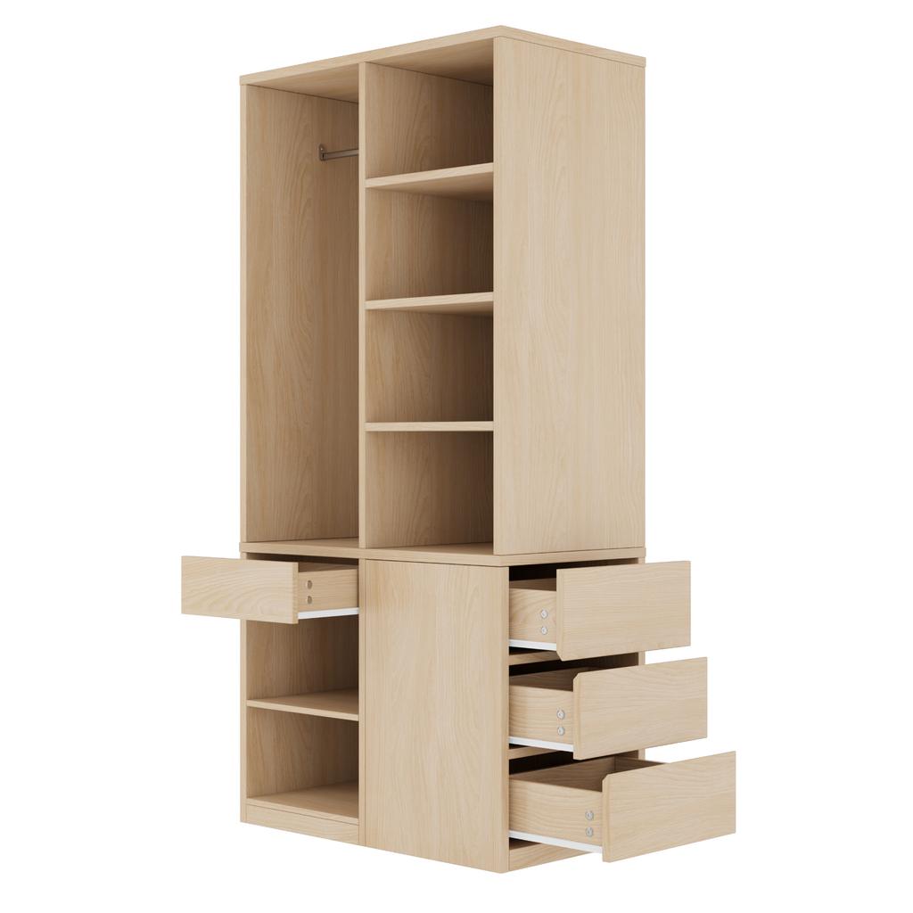 Wardrobe 70 × 50 × 170 Cm, with Multiple Drawers, Multi-tier Shelves, Generous Storage Space, Large Clothes Rail, Wardrobe for One Person, Wood Color