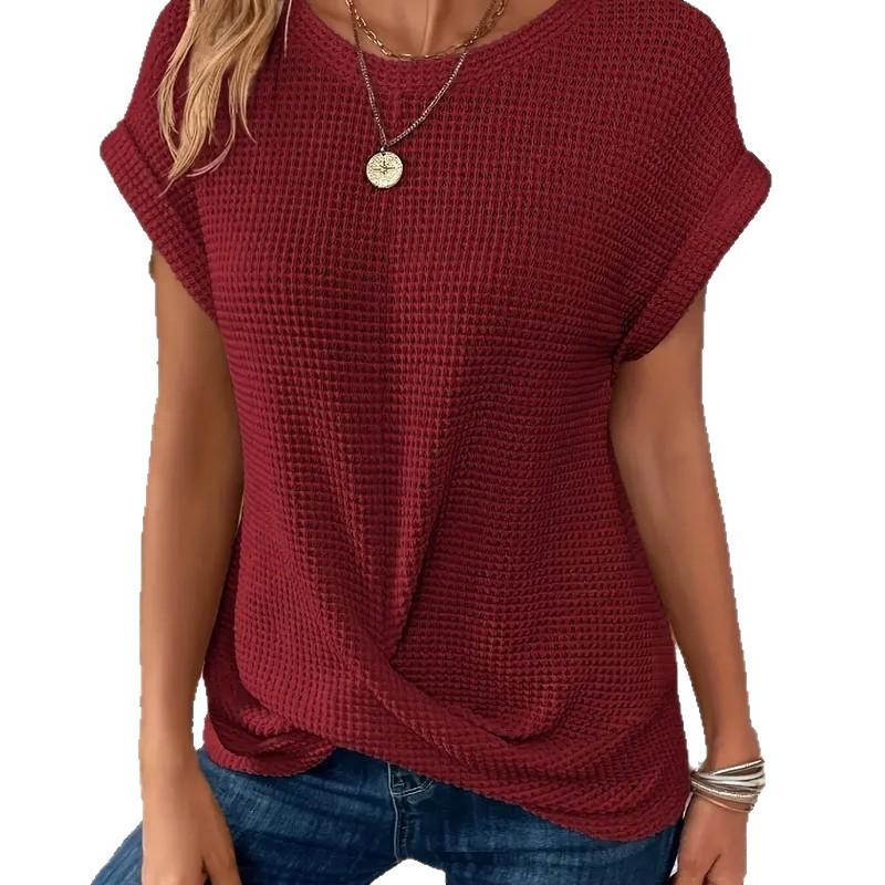 2026 Spring and Summer New Solid Color Round Neck T-shirt Elegant Short Twist Top Women's Clothing Amazon Cross-border Foreign Trade Short Sleeves