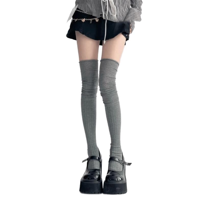Einfarbige Kniehohe Lange Socken für Damen Japanische Studentin Raffung Lässiges Oberteil Gerippt Gestrickt Oberschenkelhohe Strümpfe Strumpfwaren
