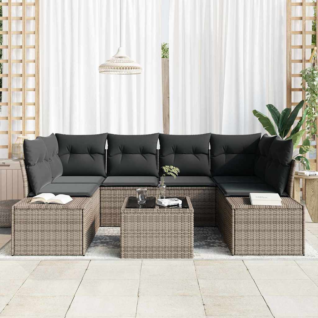 7 Piece Sofa Set with Cushions Gray Poly Rattan