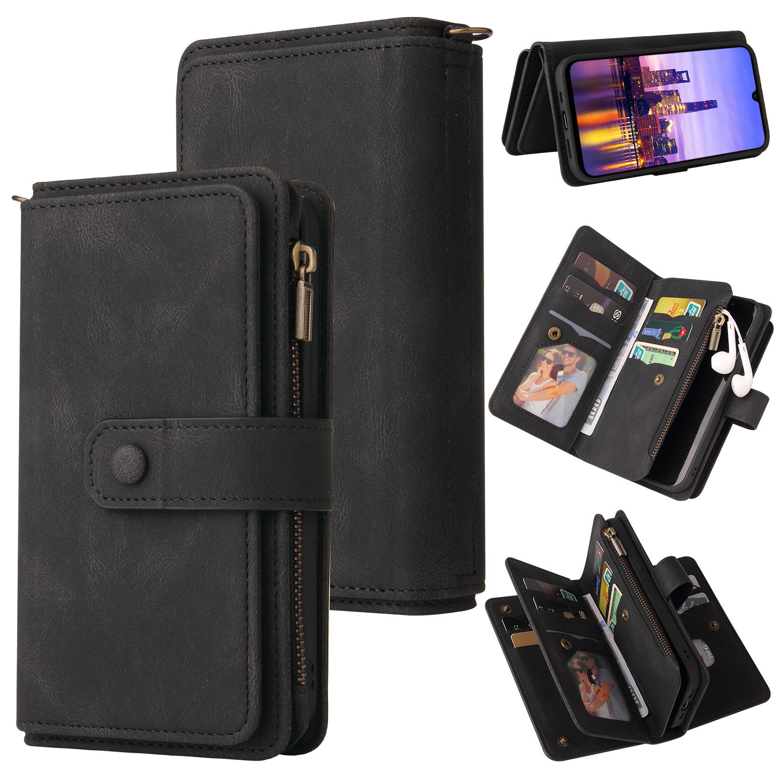 

For Samsung Galaxy A17 5G/A26 5G/A16 5G/A16 4G Zipper Wallet Case with 15 Card Slots and Strap Leather Phone Cover Black