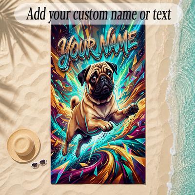 Pug Theme Soft Beach Towel Personalized Custom Name Text Towel Portable for Beach Pool Travel
