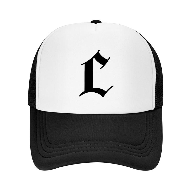 L Logo Mesh Trucker Hat White Black Ventilated Baseball Cap Stylish Casual Outdoor Wear Breathable Design