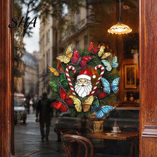 Seasonal Home Decoration Christmas Wreath Window Sticker, Stained Glass Style, Removable Santa Butterfly Candy Family Holiday Gift Ideas Cane