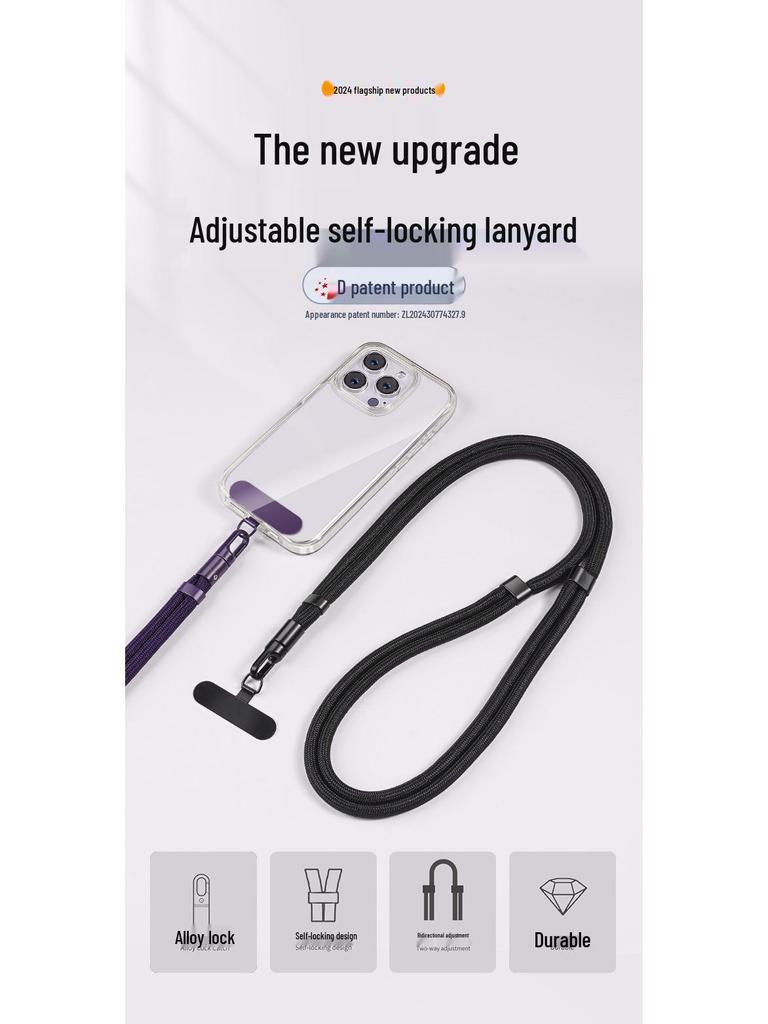 Nastavitelná crossbody šňůrka na mobilní telefon s robustním nerezovým kroužkem a polyesterovým popruhem proti ztrátě