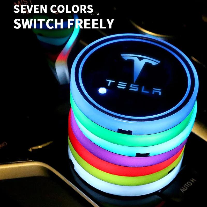 ITZLW1 2Pcs Car LED Coaster Light Water Cup Bottle Holder Interior Mat for Tesla Model 3 Model S Roadster Cybertuck Model X Model Y