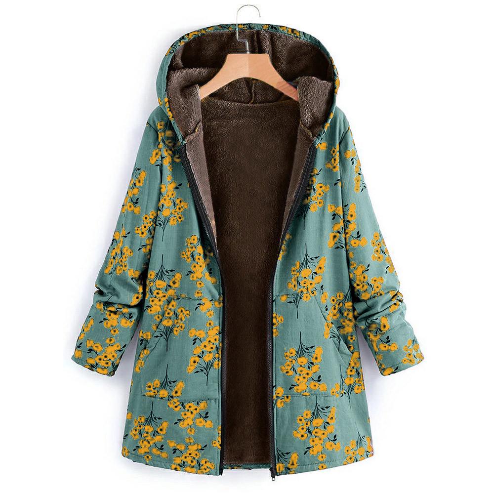 Womens Winter Warm Outwear Floral Print Hooded Pockets Vintage Oversize Coats