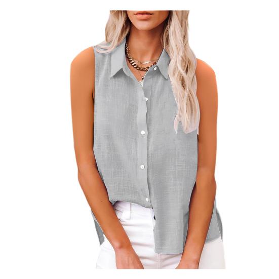Women Shirt Lapel Sleeveless Button Down Shirt Pure Color Loose Fit