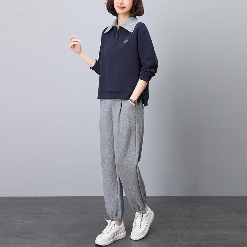Autumn Women's Casual Sportswear Set: Wide-Leg Pants & Lapel Sweatshirt