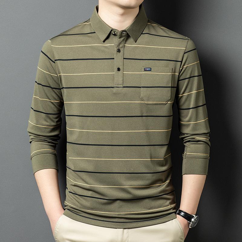 Polo pentru bărbați de afaceri cu buzunar real, cu guler, mânecă lungă, cu dungi în partea inferioară