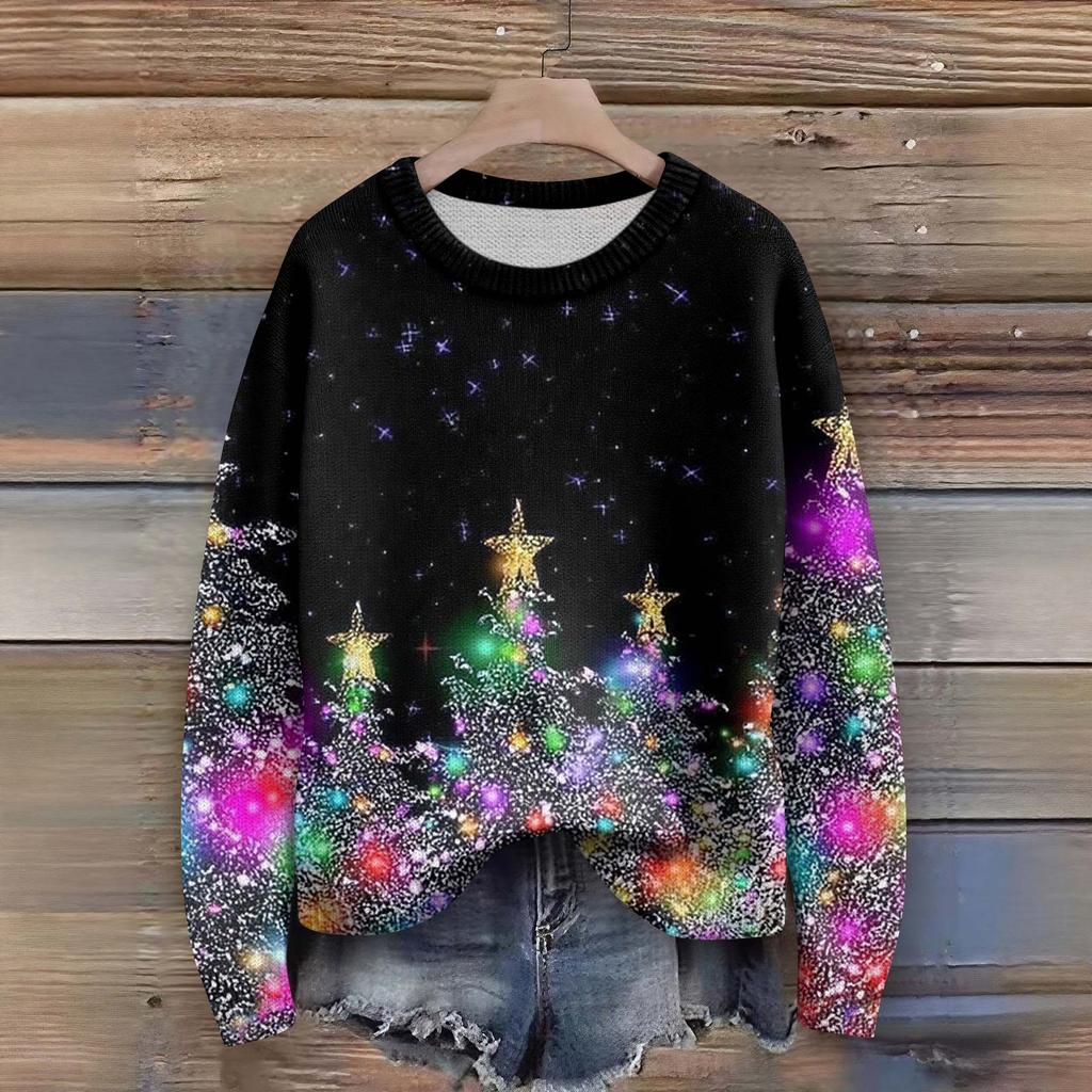 Long Sleeve Pullover Sweaters For Women O Neck Casual Cute Printing Knit Oversized Sweater