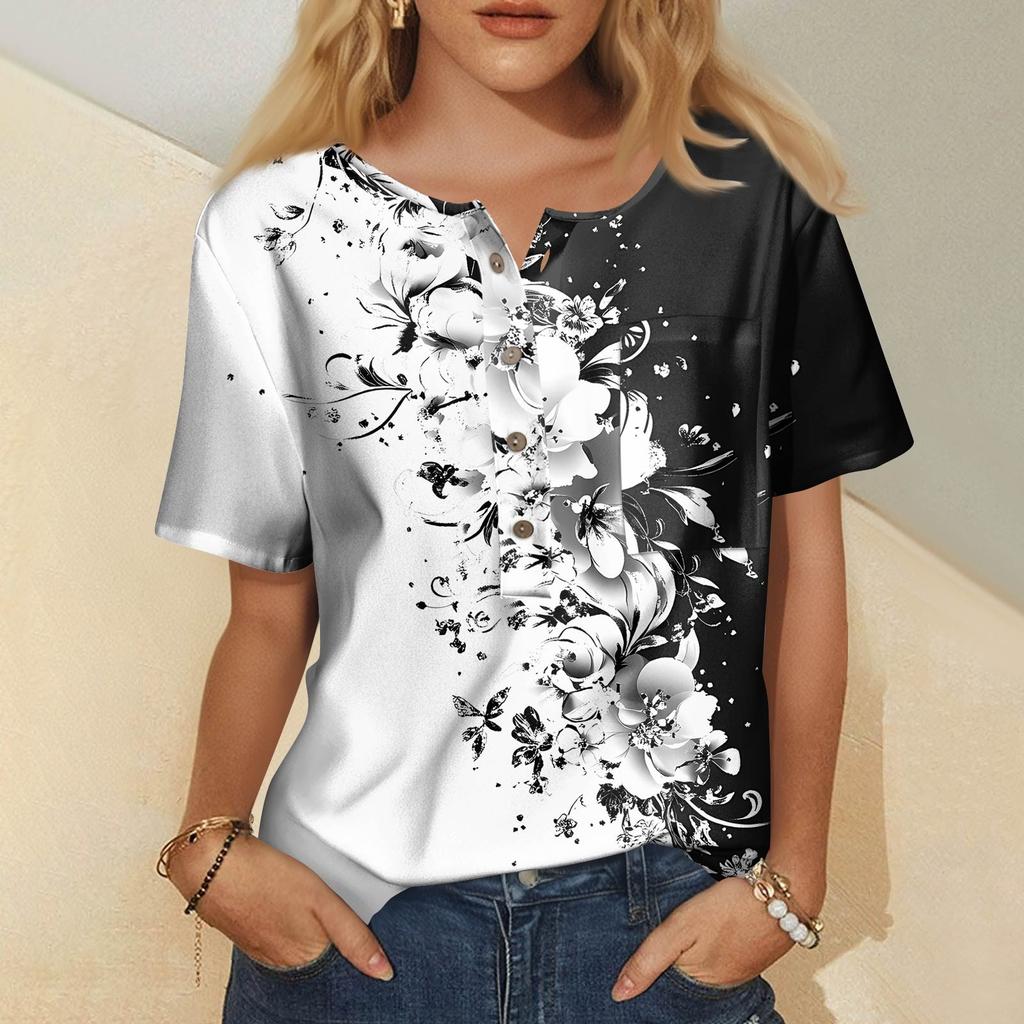 Damenmode, lässig, kurzärmelig, bedruckt, Rundhalspullover, Top-Bluse