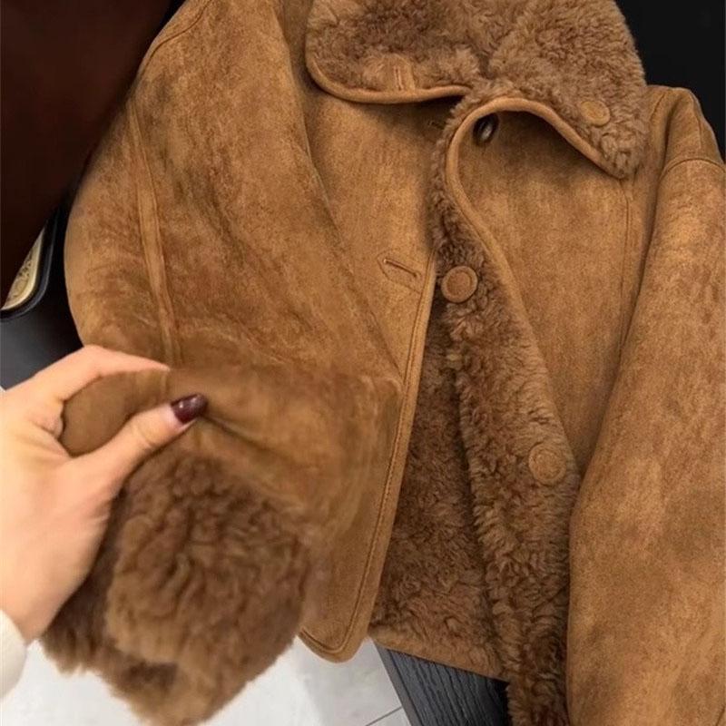 Damen Kunstpelzjacke Kaffeefarben Kleiner Duftiger Stil Lammwolljacke Retro Lässig Winter Warmer Mantel