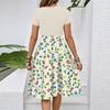 Women's Casual Fashion Belted Floral Printed Short Sleeve Round Neck Elegant Flowing Dress