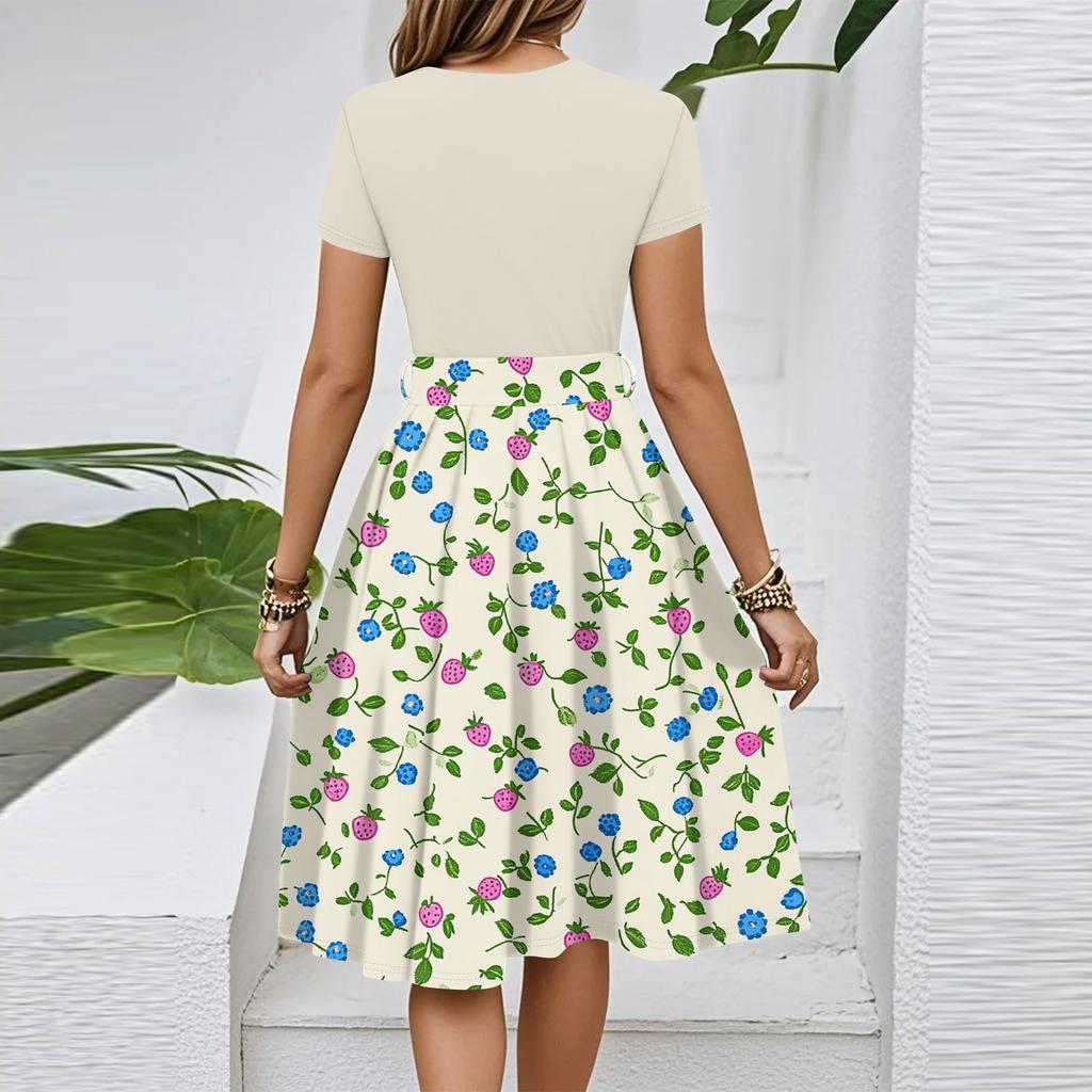 Women's Casual Fashion Belted Floral Printed Short Sleeve Round Neck Elegant Flowing Dress