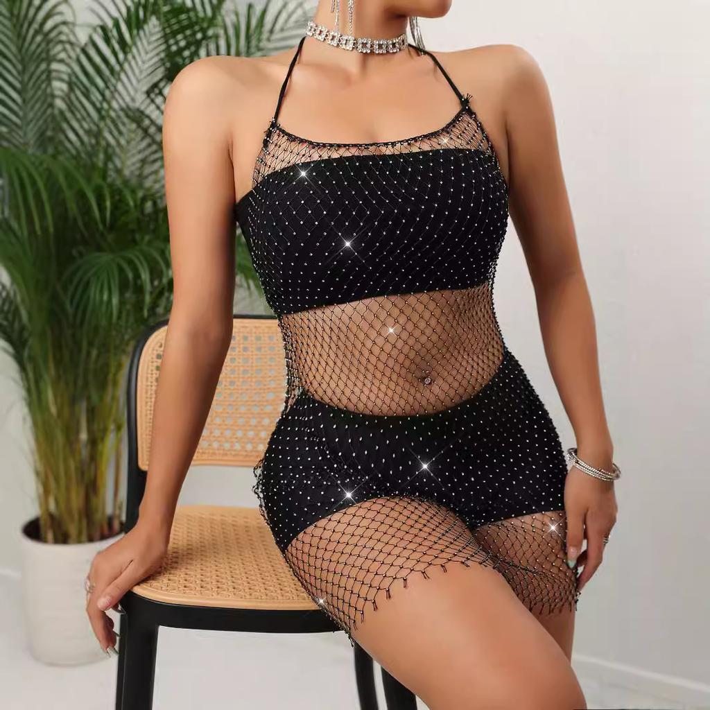 Women's flash diamond fishing net sexy slim fit with suspender dress