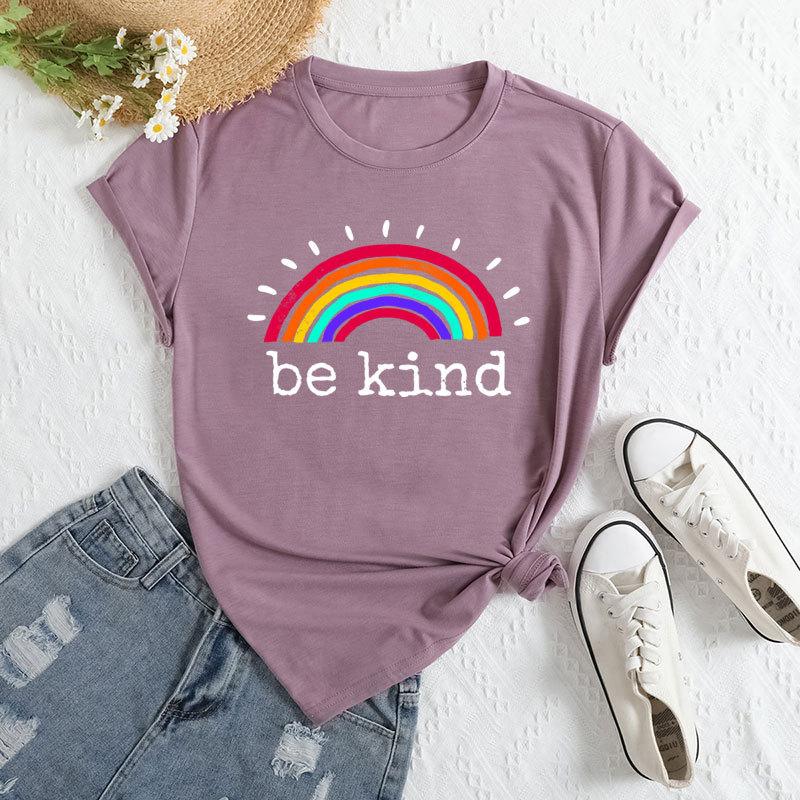 Sommer Damen Regenbogen Buchstaben Print Locker Rundhals Lässig Reine Baumwolle Kurzarm T-Shirts Damen