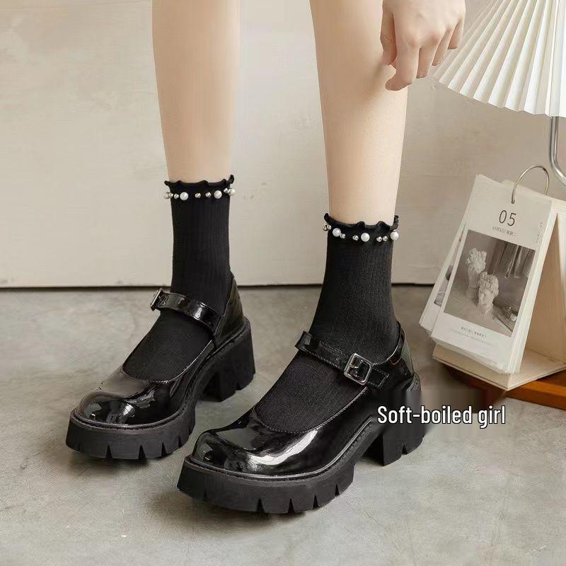 Kinder Schwarz Perle Rüschenkante Mid-Calf Baumwolle Spitze Socken