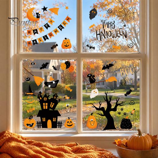 Holiday Glass Decoration Stickers 4 Sheets Halloween Electrostatic Stickers, Cartoon Pumpkins Castle Bats Window Easy Remove Clings PVC Waterproof