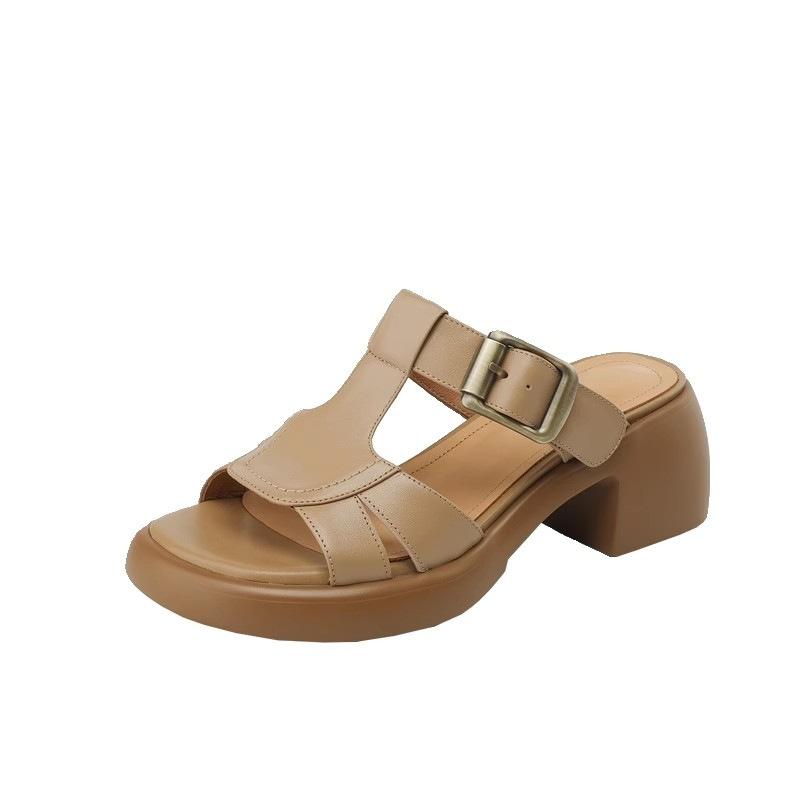 

Retro style leather thick-bottomed high-heeled sandals women s outer wear 2025 summer new fashion open-toed thick-heeled lazy slippers 35