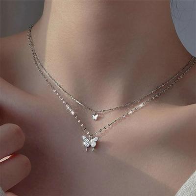 Temperament Cold Wind Neck Chain Collarbone Chain, Exquisite Size Full Diamond Butterfly Double-layer Necklace Female