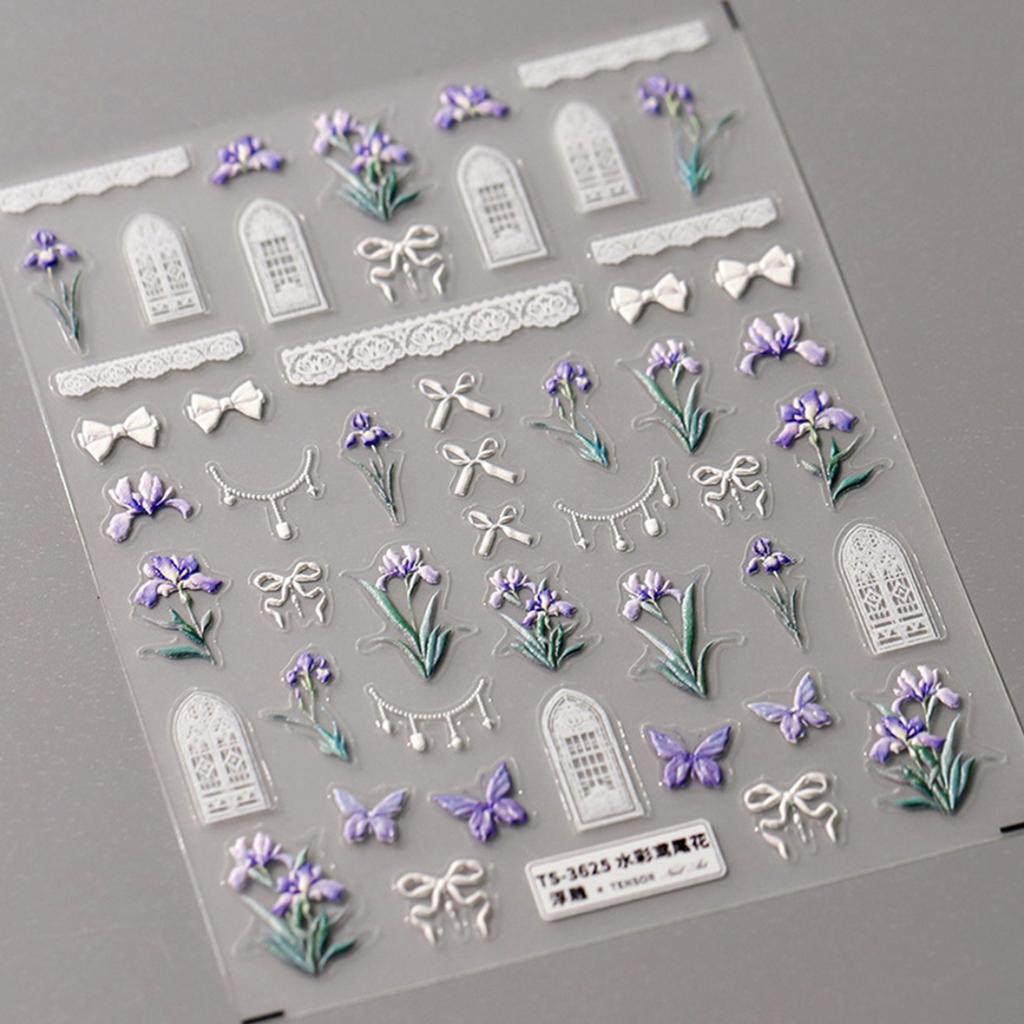 5D Relief Nail Art Stickers Purple Exquisite Iris Flowers Adheisve Decals Manicure Floral Pattern Embossed Decorations