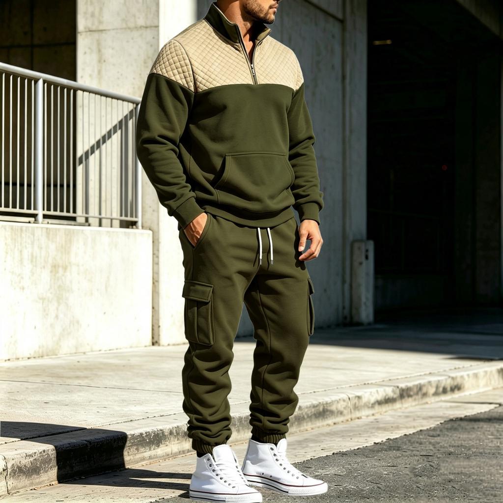 Men's Lined Track Suit with Stand Collar - Casual Color Block Sweatshirt and Pants Set, Loose Fit Two Piece Outfit for Fall Winter Outdoor