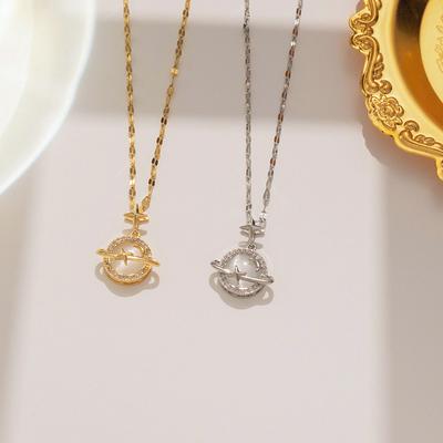 Titanium Steel Light Luxury Micro Inlaid Real Gold Opal Saturn Necklace, Party Accessories, Best Gift