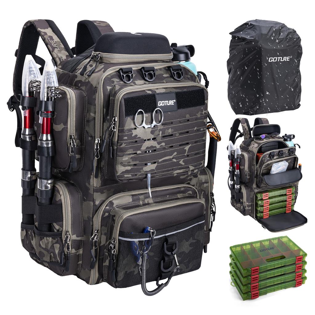 Zaino da Pesca Goture da 45L ad Ampia Capacità, Borsa da Pesca Impermeabile con 4 Scatole porta Attrezzi, Porta Canne per Attrezzatura da Pesca, Regalo per Uomini